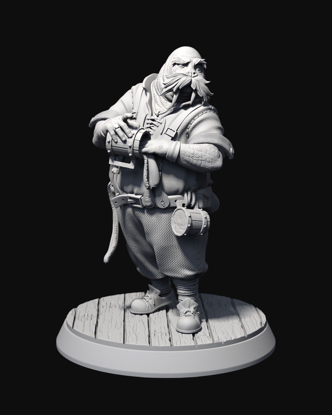 Mr. Eugene, a walrus-themed humanoid miniature, depicted standing on a wooden base with a barrel tucked under his arm and wearing detailed clothing and accessories.