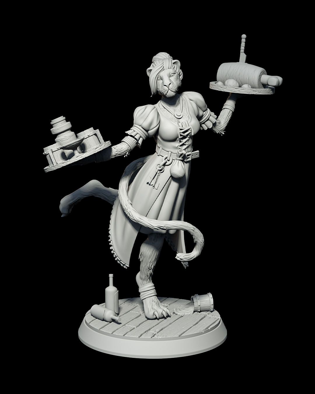 Ms. Tabitha, a feline waitress miniature with cat-like features, wearing a dress and apron, balancing trays of food and drink in both hands, ideal for fantasy tabletop RPGs like Dungeons & Dragons and Pathfinder.