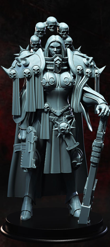 Close-up of The Geminae Superia, highlighting the detailed power armor adorned with skulls and symbols of faith, and her intense expression, captured in a miniature for dark fantasy and sci-fi tabletop RPGs.