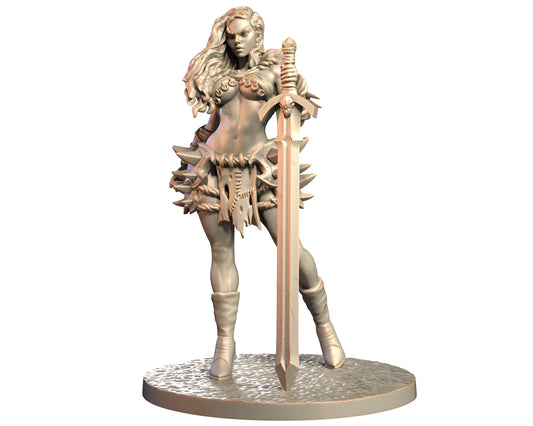 Nhysara female human barbarian miniature holding greatsword upright, clad in spiked armor and fur.