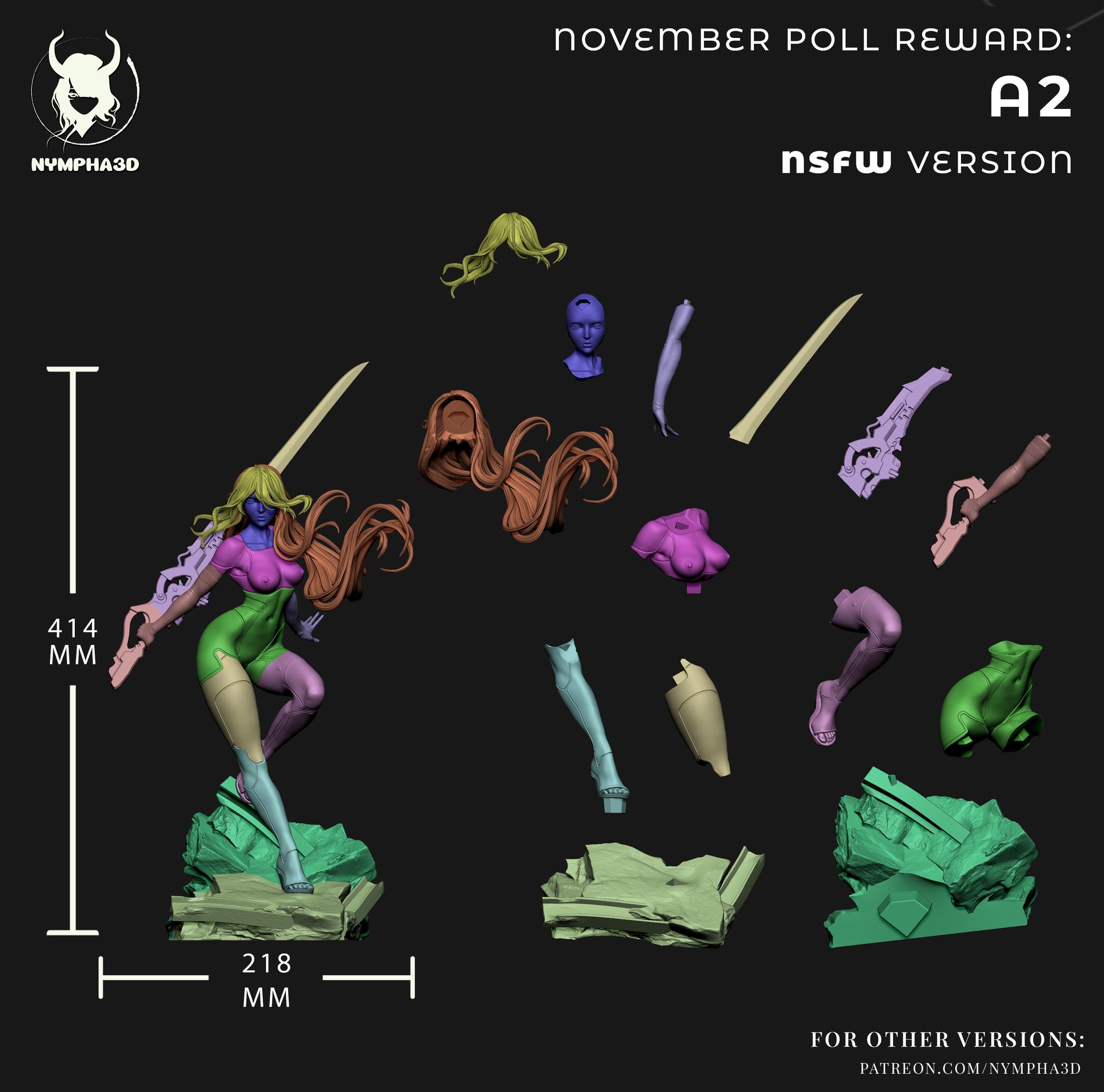 A2 Nier Automata NSFW edition cut layout showing modular parts including alternate torso, legs, head, hair, sword, and scenic base