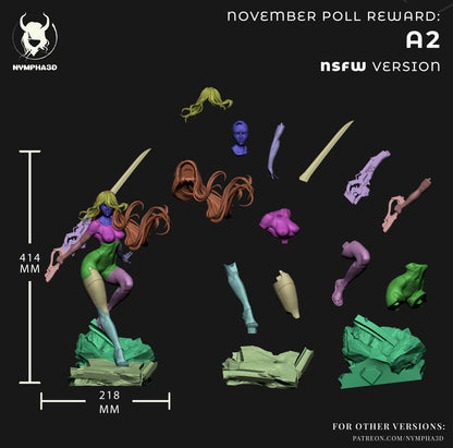 A2 Nier Automata NSFW edition cut layout showing modular parts including alternate torso, legs, head, hair, sword, and scenic base