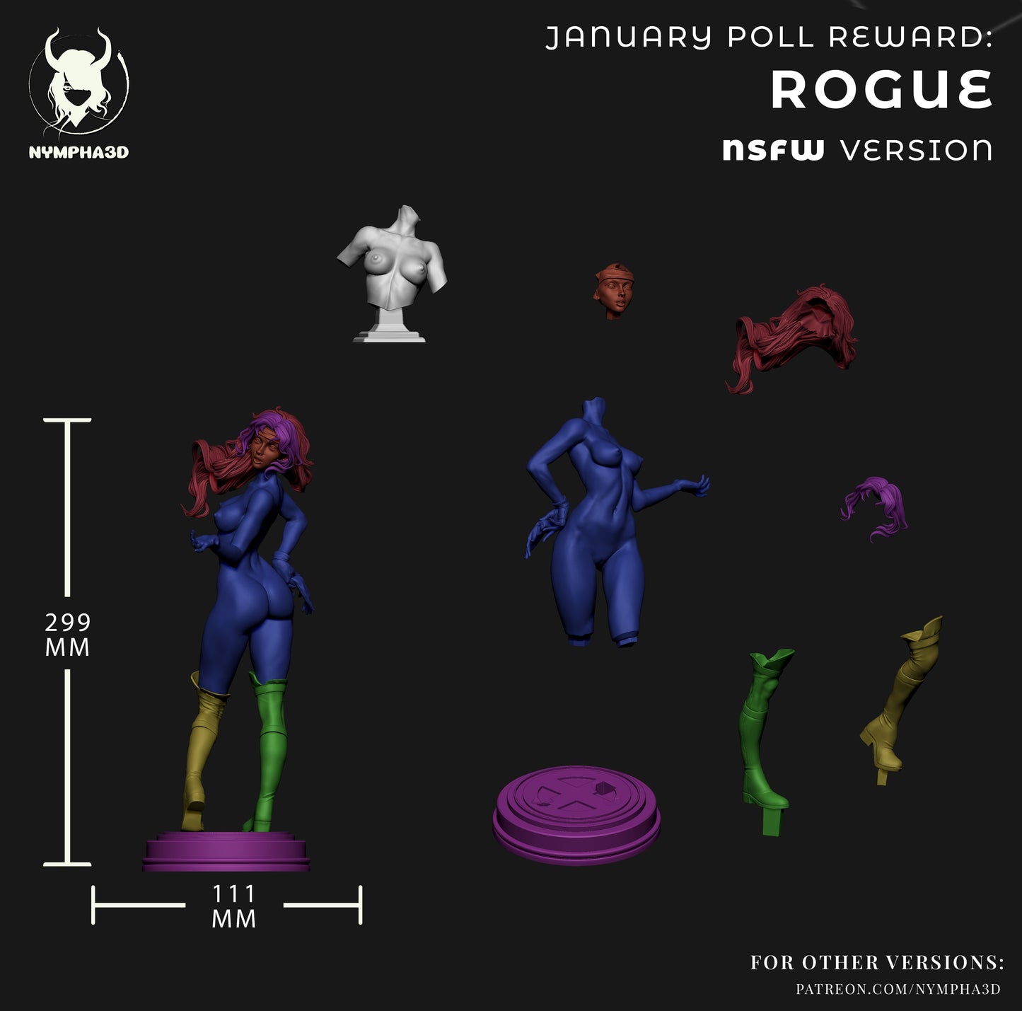 Rogue X-Men NSFW 1:6 scale figure parts layout showing alternate nude torso head hair arms legs boots and base components