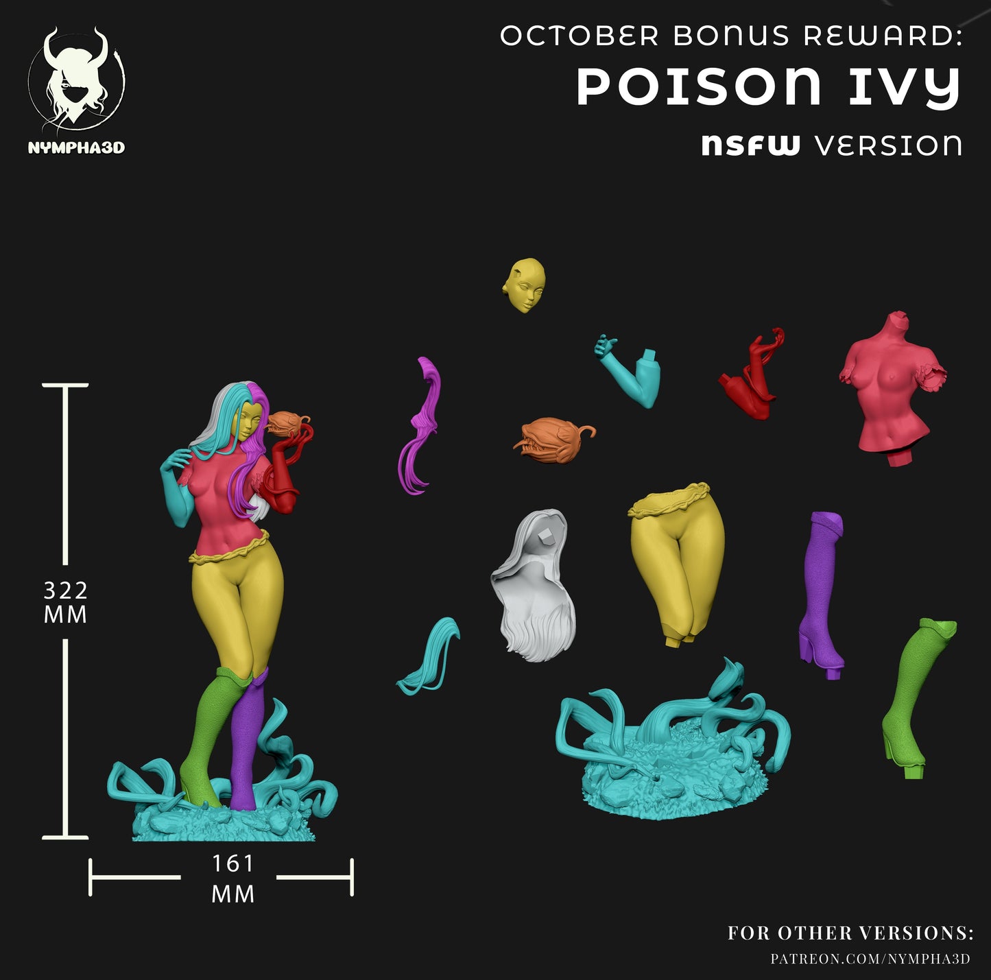 Breakdown of Poison Ivy 1:6 scale statue showing modular parts including torso, arms, head, hair, plant, legs, and vine base with detailed assembly layout for collectors.