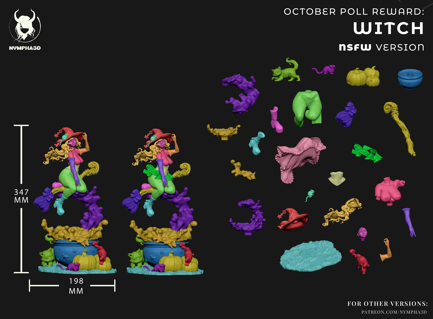 NSFW version assembly render of Nympha3D witch collectible statue showing multiple modular parts and 347mm total height.