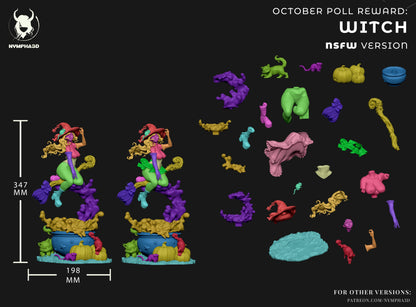 NSFW version assembly render of Nympha3D witch collectible statue showing multiple modular parts and 347mm total height.