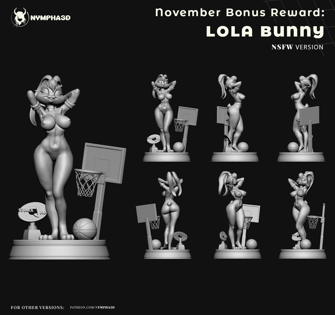 Lola Bunny 1:6 scale NSFW figure display with multiple viewing angles featuring nude body variant, basketball hoop, trophy, and character pose.