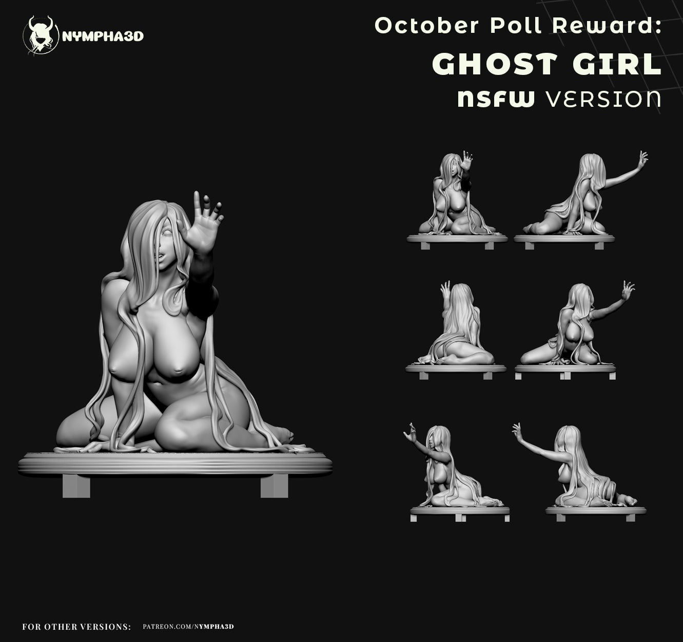 3D sculpt previews of Ghost Girl NSFW version showing multiple viewing angles on circular base.