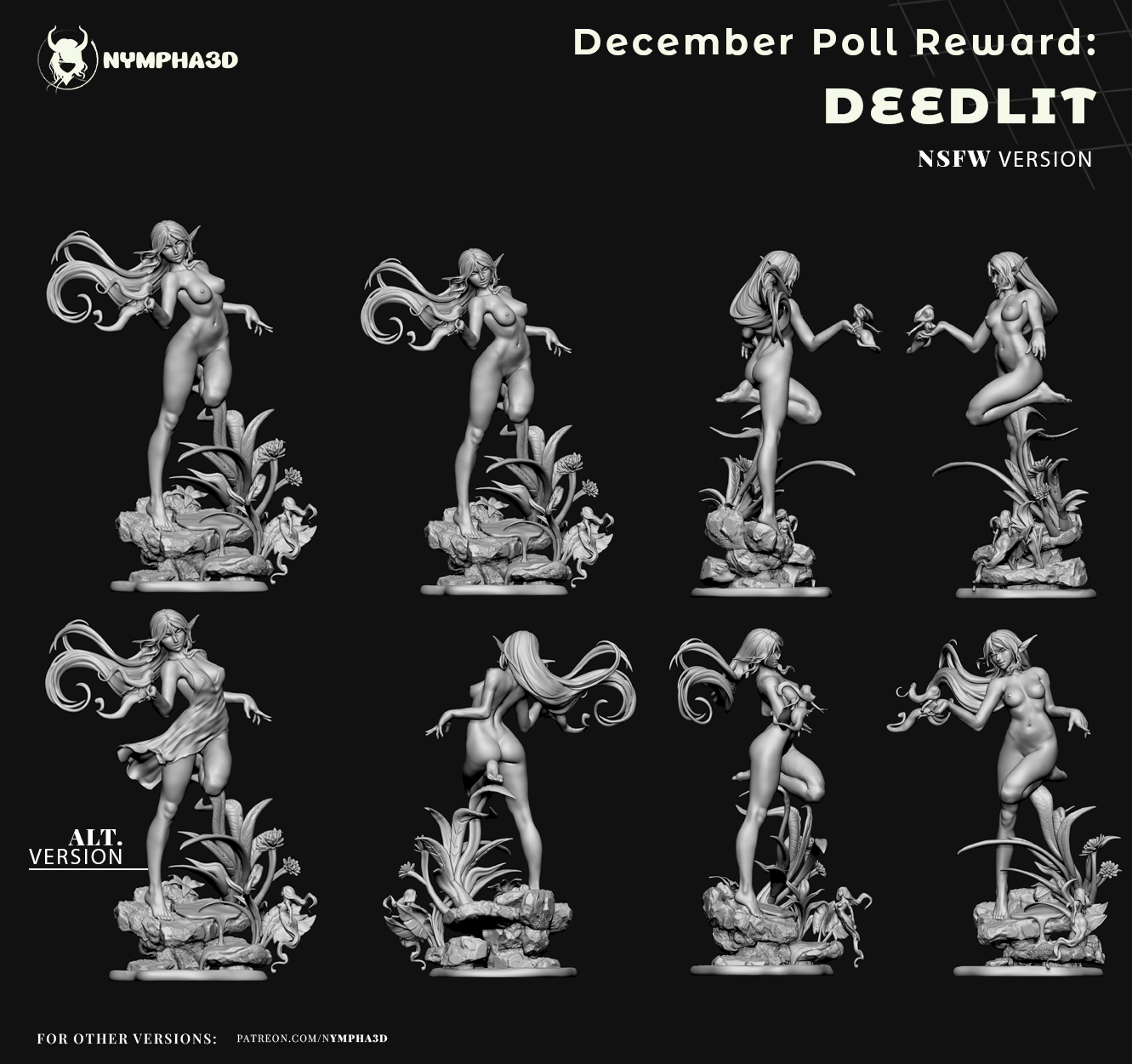 Deedlit NSFW collectible figure rear view showing flowing hair, cape movement, and sculpted base with plants and magic elements