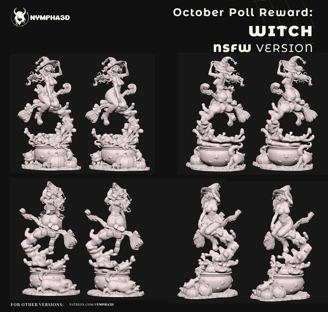 NSFW sculpt turnarounds of witch pin-up statue by Nympha3D featuring cauldron, smoke base, and broom in multiple poses.