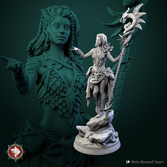 Nala Dragon Lordess miniature with flowing hair and dragon-staff, sorceress figure for D&D and Pathfinder.
