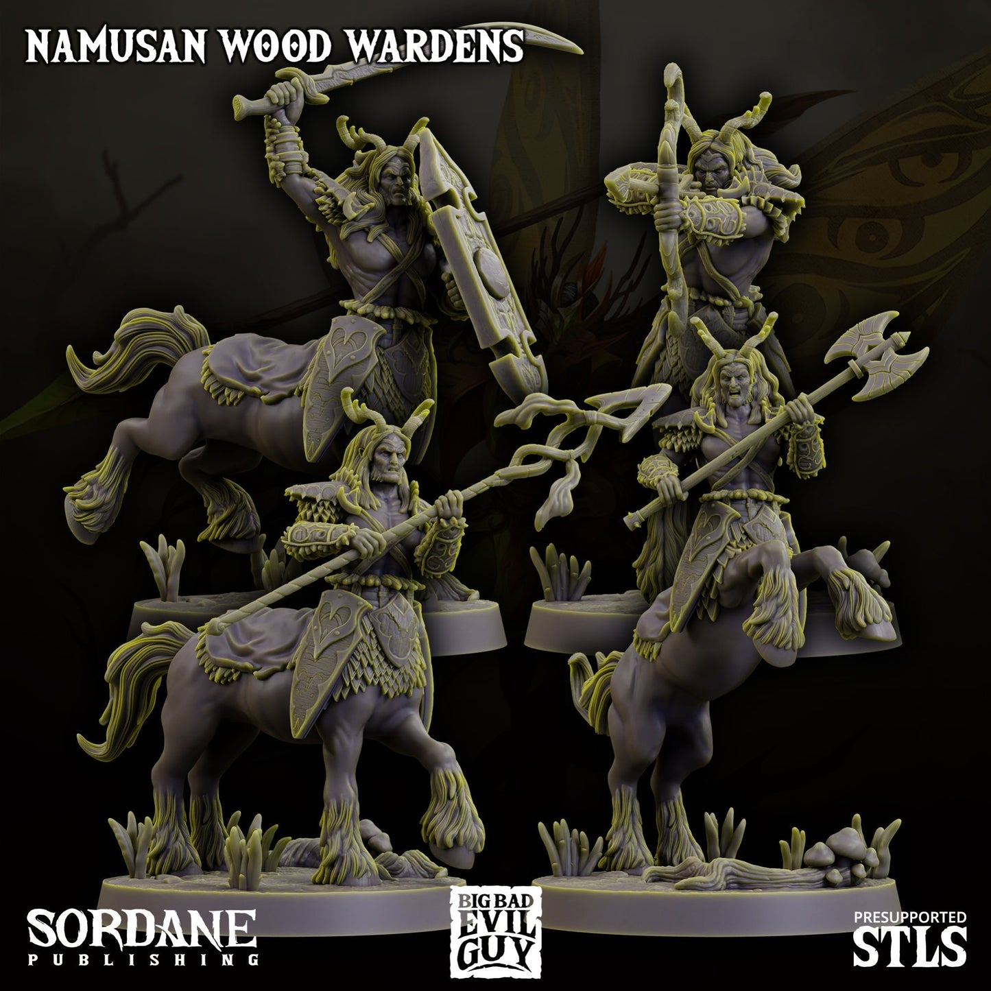 Group shot of the Namusan Wood Wardens centaur dryads in various poses with detailed armor and weapons.