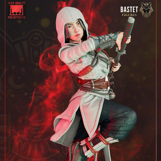 Naoe Assassin’s Creed 1:8 scale painted figure close-up with hood, raised sword stance, layered assassin attire, and smoke base