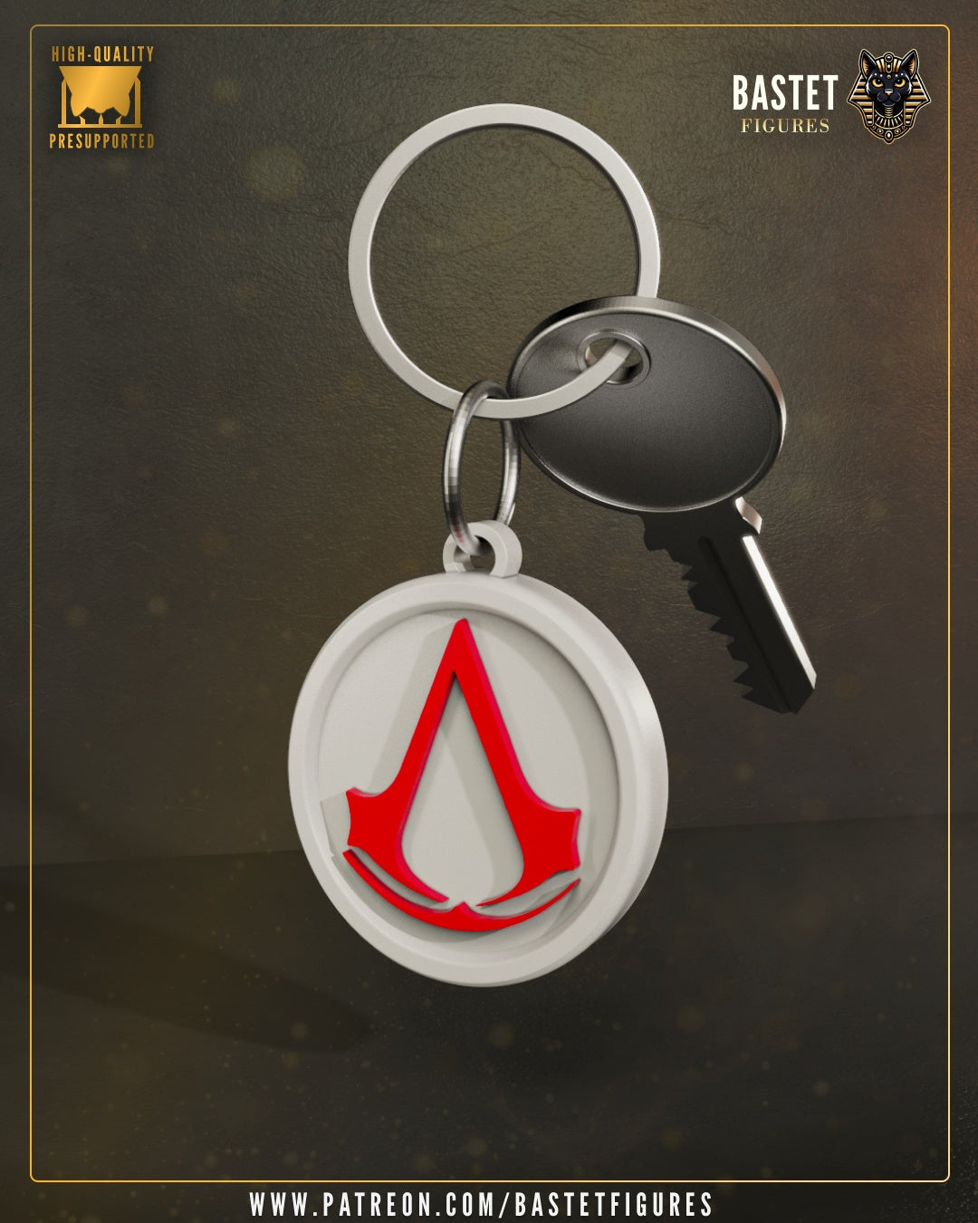 Assassin’s Creed emblem keychain with Naoe-inspired insignia attached to metal keyring and key