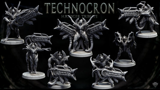 A group of NecroMech miniatures in various combat poses, each showcasing unique biomechanical designs. The figures blend skeletal alien elements with Warhammer-style weaponry, suited for dark sci-fi or horror tabletop games.