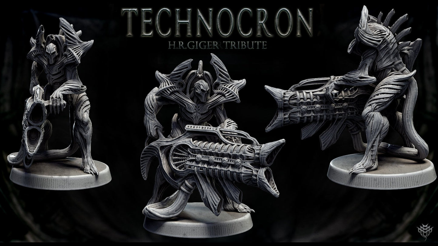 A NecroMech figure in a kneeling stance, holding a massive, organic-looking cannon. The model combines Giger-inspired biomechanical forms with dark sci-fi elements, suitable for horror tabletop games.