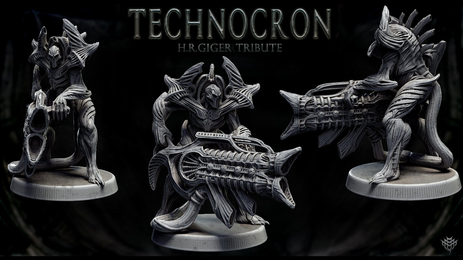 NecroMech soldier crouching with a massive gun-like weapon, biomechanical armor featuring intricate organic designs.