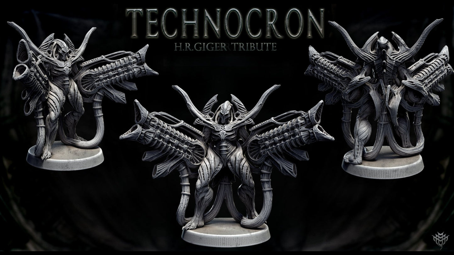 A NecroMech miniature standing with dual massive guns attached to its arms. It features a skeletal design merging with intricate machinery, reminiscent of both Giger’s and Warhammer 40k styles.