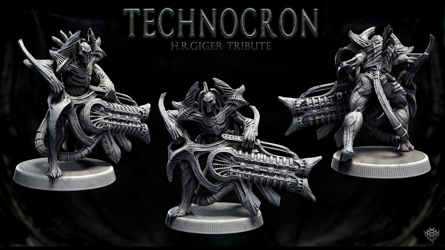 A NecroMech figure holding a large rifle-like weapon, crouched and ready for combat. The design mixes a skeletal, alien appearance with heavy Warhammer-style weaponry.