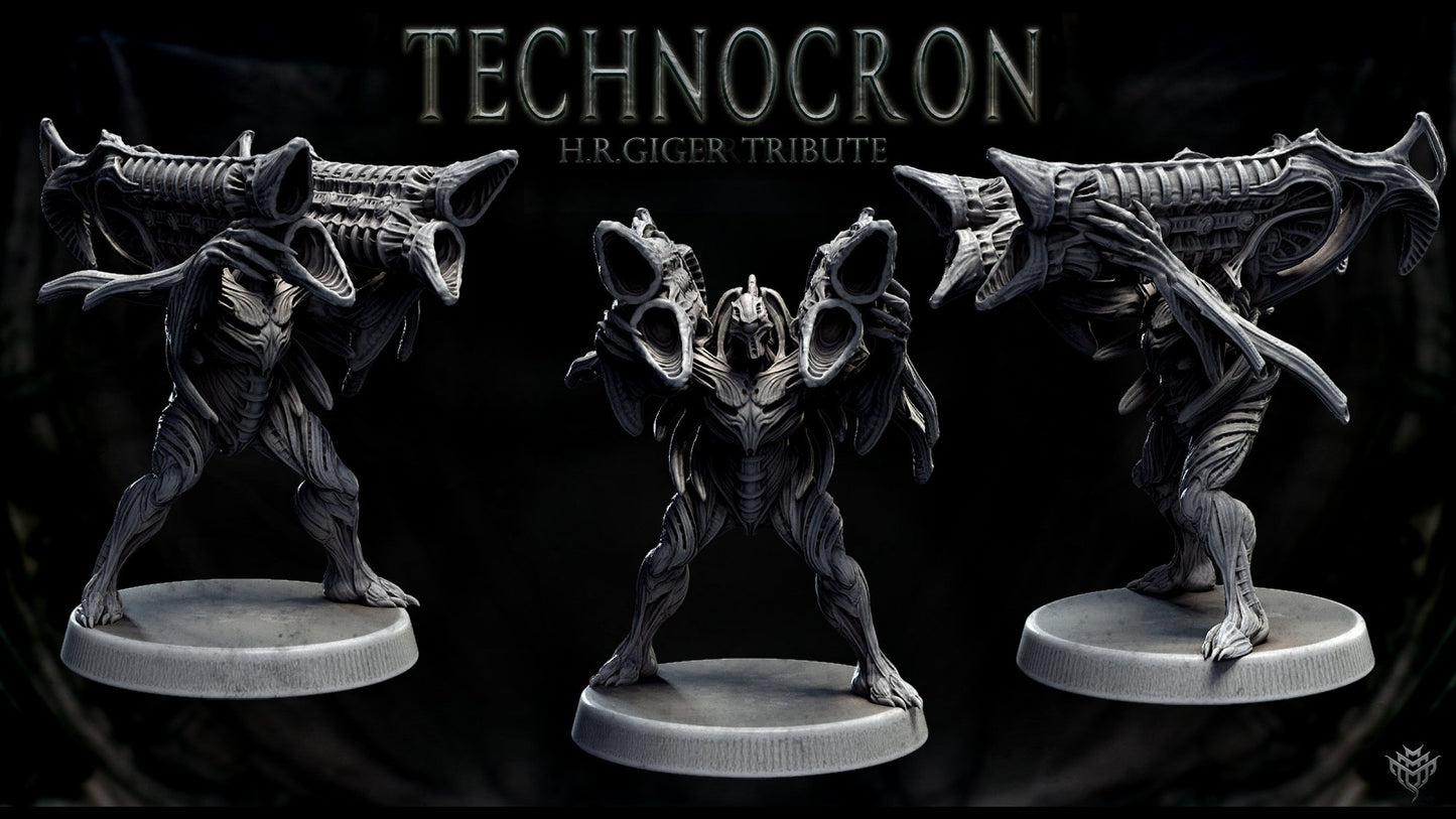 A NecroMech miniature in a dynamic standing pose, equipped with four large biomechanical guns mounted on its shoulders, showcasing a blend of skeletal and mechanical aesthetics inspired by Giger's design.