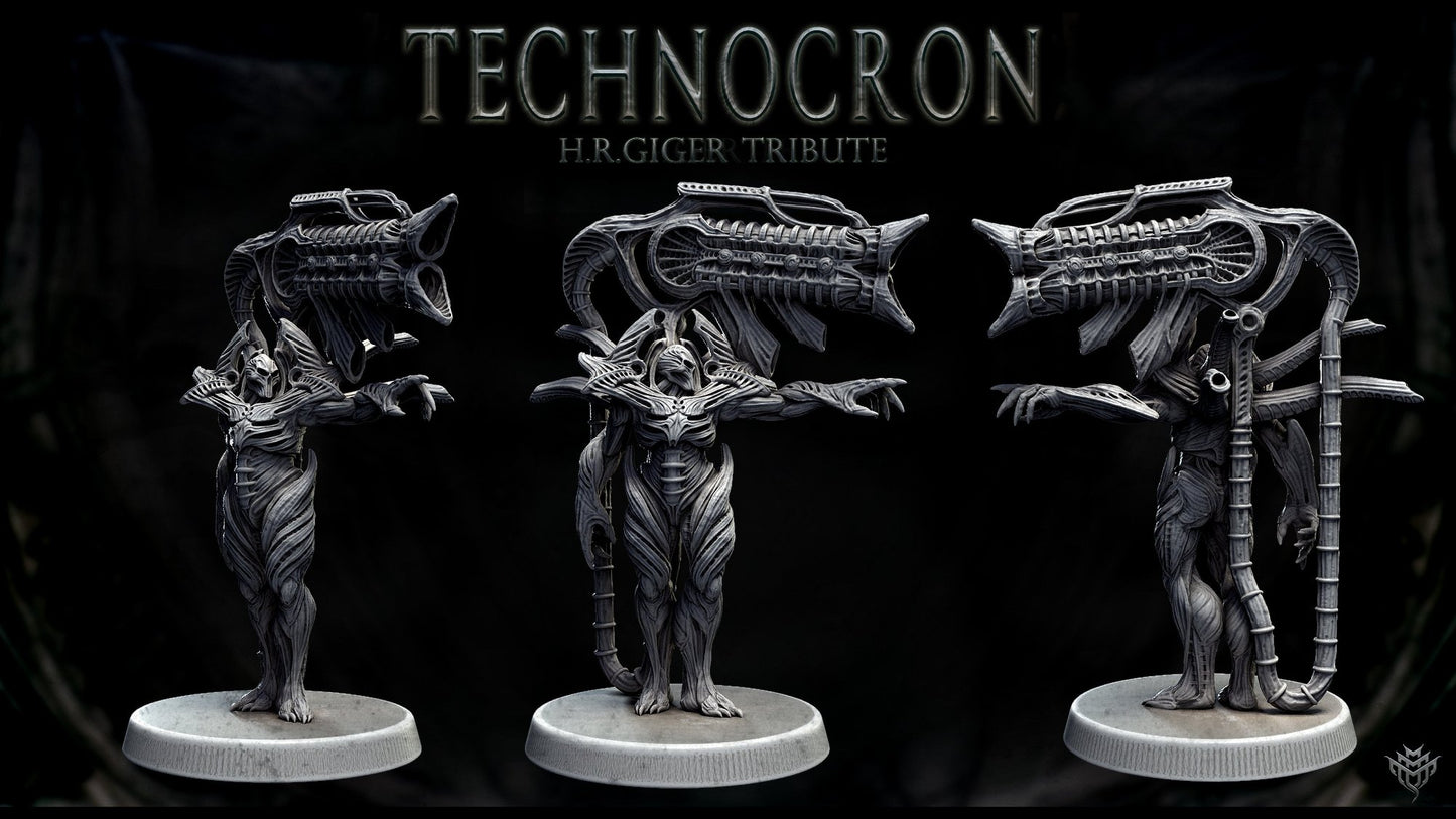 A NecroMech model in a pointing pose while holding a massive, alien-inspired cannon. The figure displays twisted organic and mechanical features, ideal for dark sci-fi or horror game settings.