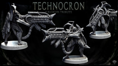 A NecroMech miniature in an aiming stance, wielding a biomechanical gun. It combines skeletal structures with mechanical details, blending Giger's aesthetic with dark sci-fi elements.