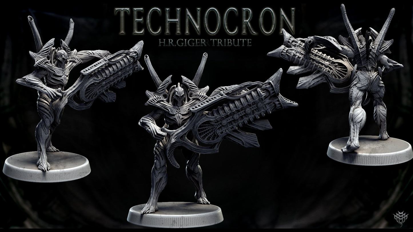 A NecroMech model prepared for battle, standing with a massive biomechanical gun. It features detailed skeletal structures and armor plates merging flesh with machinery.