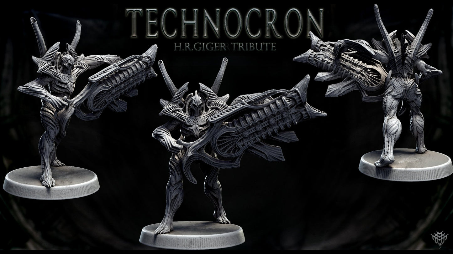 NecroMech soldier holding a large organic weapon, posed in a combat-ready stance with mechanical armor and towering stacks.