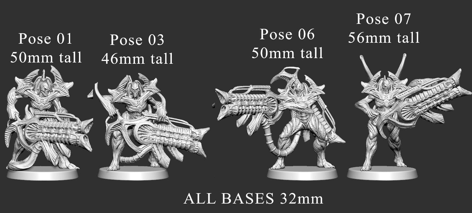 NecroMech infantry in four different poses, wielding advanced biomechanical weapons, labeled with height specifications.