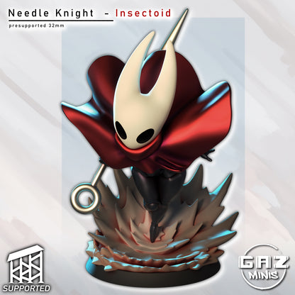 Front view of Needle Knight miniature depicting Hornet from Hollow Knight: Silksong, lunging forward with needle weapon and flowing cape.