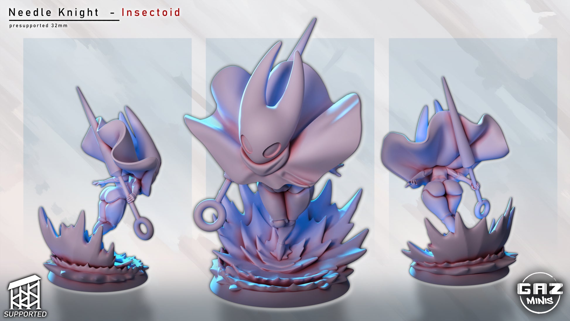Multiple angles of Needle Knight 32mm insectoid miniature showing side, front, and back views with dynamic motion effect on the base.