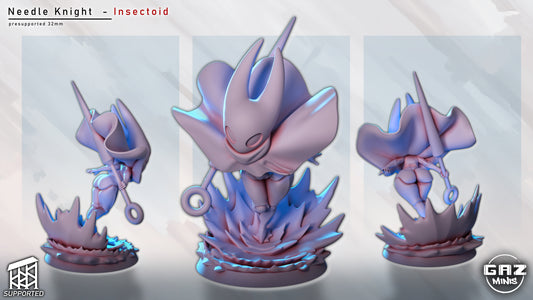 Multiple angles of Needle Knight 32mm insectoid miniature showing side, front, and back views with dynamic motion effect on the base.