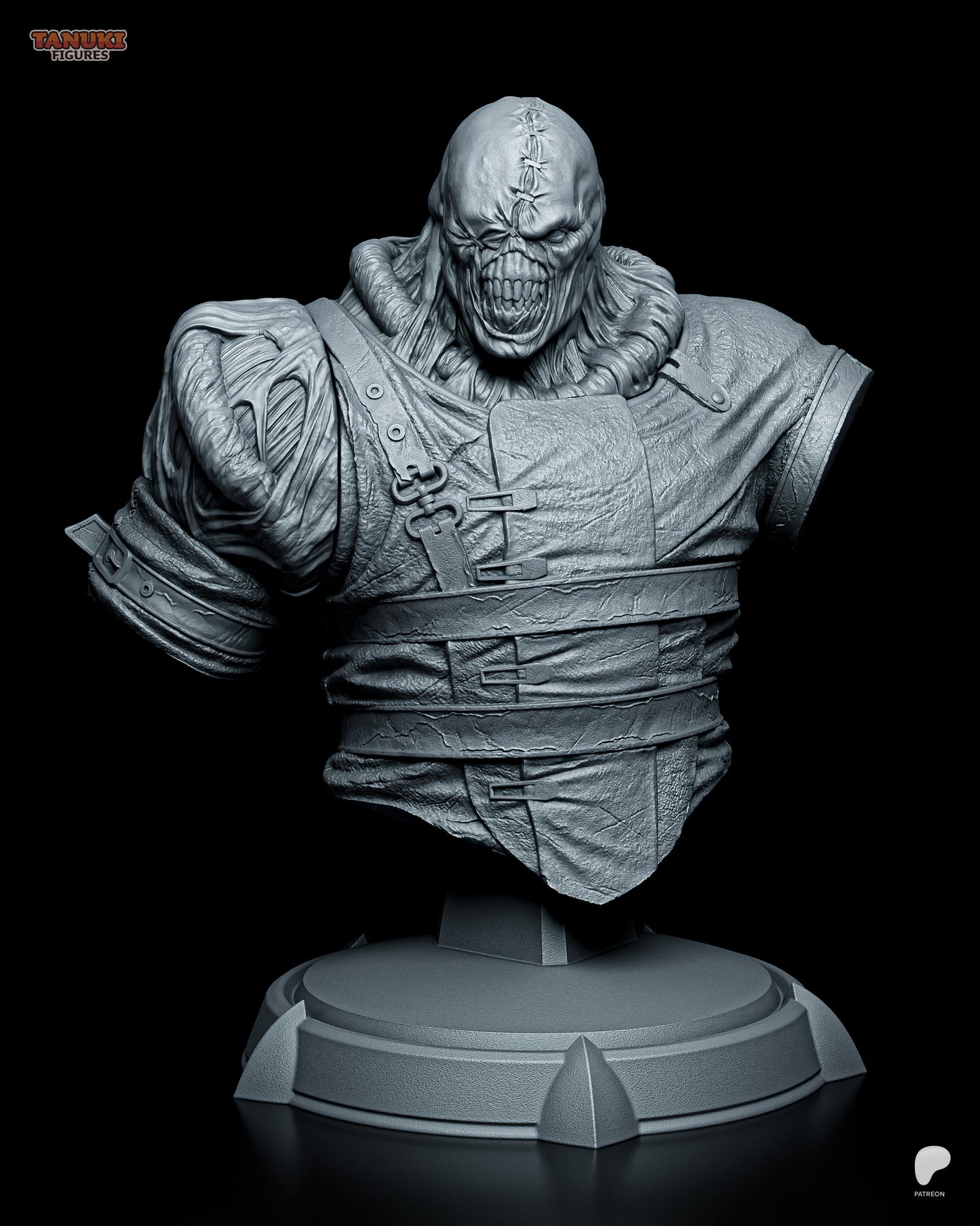 Nemesis bust collectible showing stitched face, exposed muscle, and heavy armor straps, inspired by Resident Evil 3.