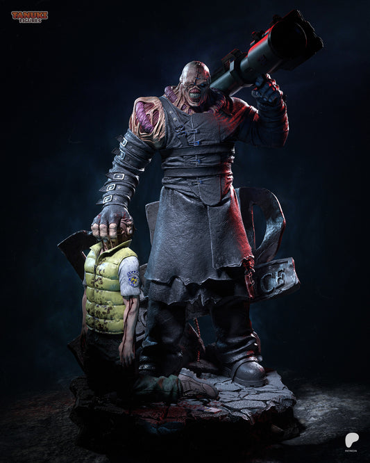 Full Figure Front View: Nemesis collectible figure from Resident Evil in 1:6 scale, holding a rocket launcher and gripping a fallen S.T.A.R.S. officer by the head.