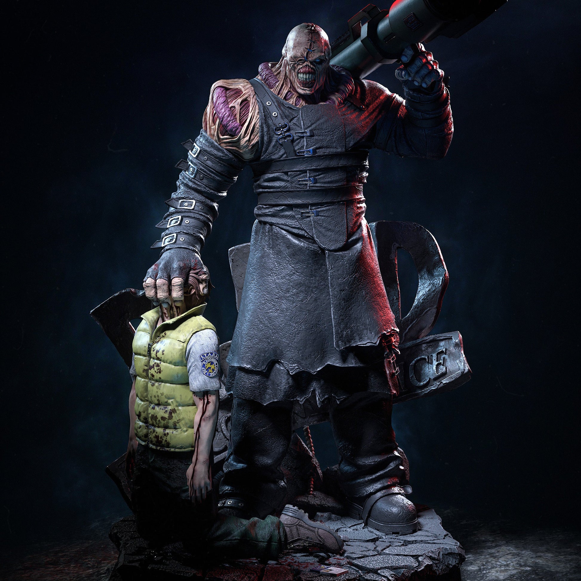 Full Figure Front View: Nemesis collectible figure from Resident Evil in 1:6 scale, holding a rocket launcher and gripping a fallen S.T.A.R.S. officer by the head.