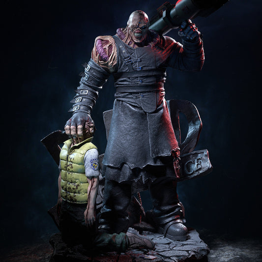 Full Figure Front View: Nemesis collectible figure from Resident Evil in 1:6 scale, holding a rocket launcher and gripping a fallen S.T.A.R.S. officer by the head.