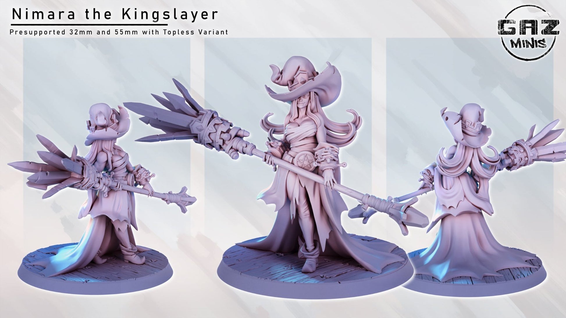 Nimara the Kingslayer, a witch figurine in different poses with her enchanted staff, 3D printable for TTRPG.