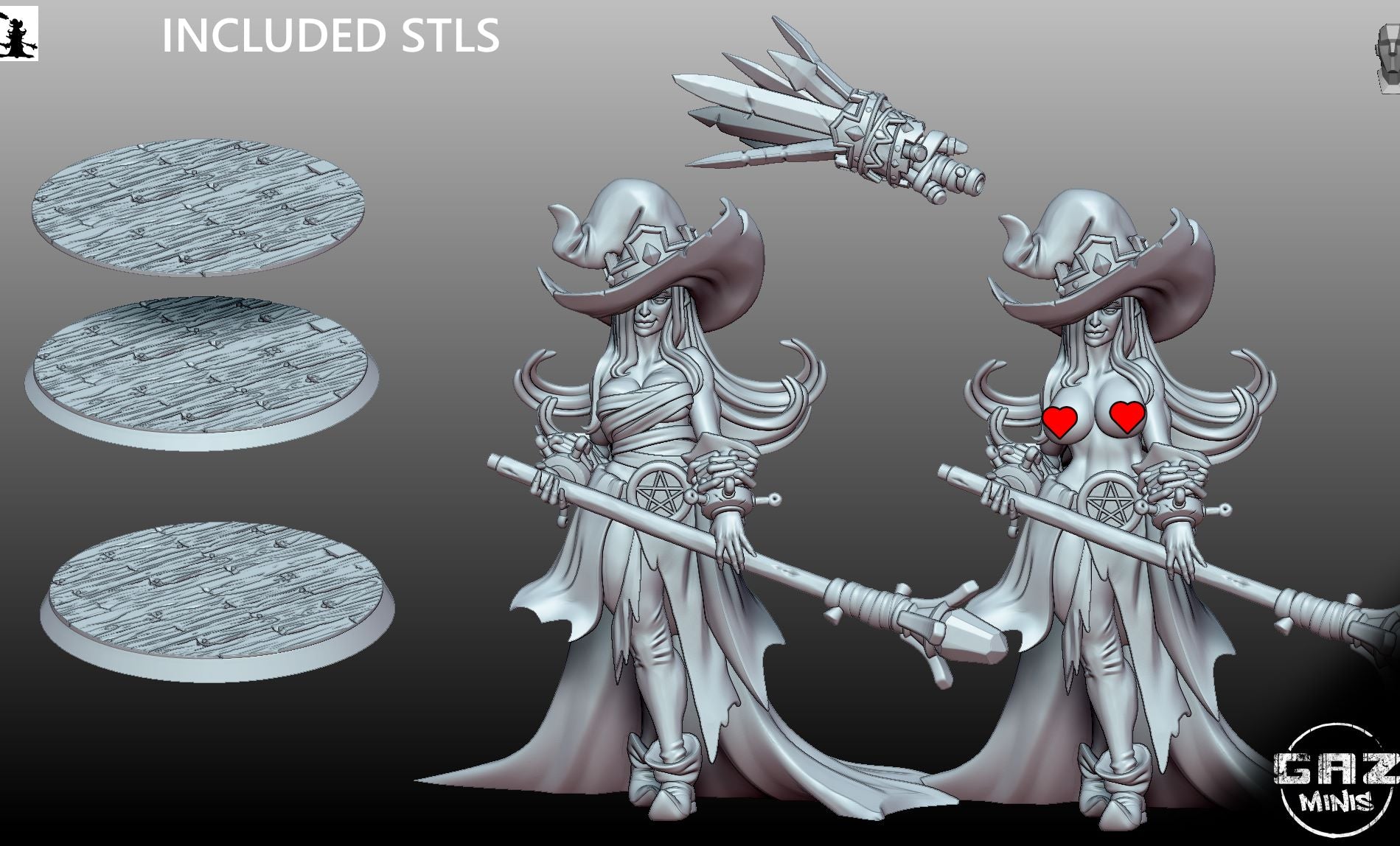 Nimara the Kingslayer, showing available STL parts, including multiple versions of the figurine and the base.