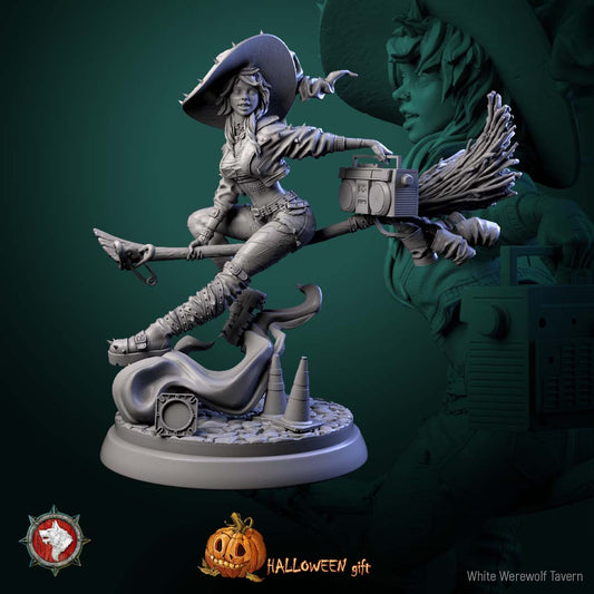Nitsa Riot witch miniature full render – modern spellcaster riding a broom with boombox Halloween figure by White Werewolf Tavern
