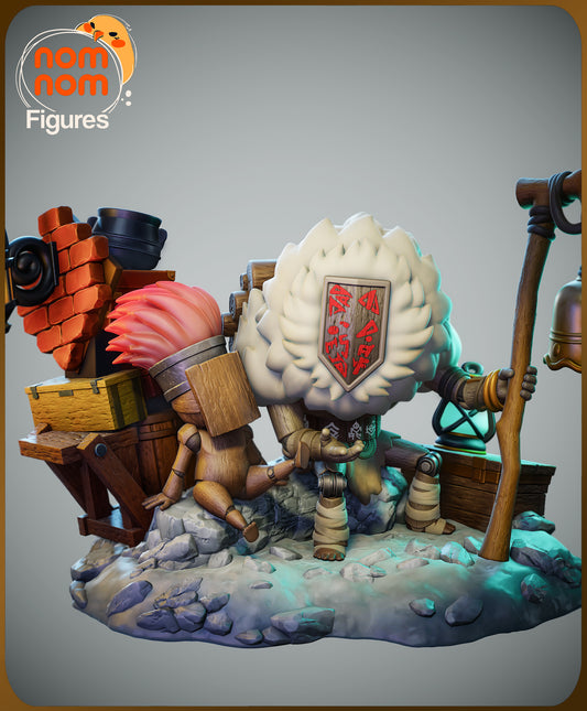 Chibi Noco Expedition 33 figure – stylized miniature with fluffy backpack, crates, and staff topped with a bell.