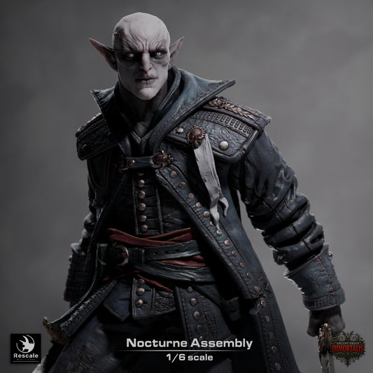 Nocturne Assembly 1:6 scale collector statue close-up showing vampire assassin facial features, detailed coat, belt, and layered attire; suitable for fantasy collectors and gothic display.