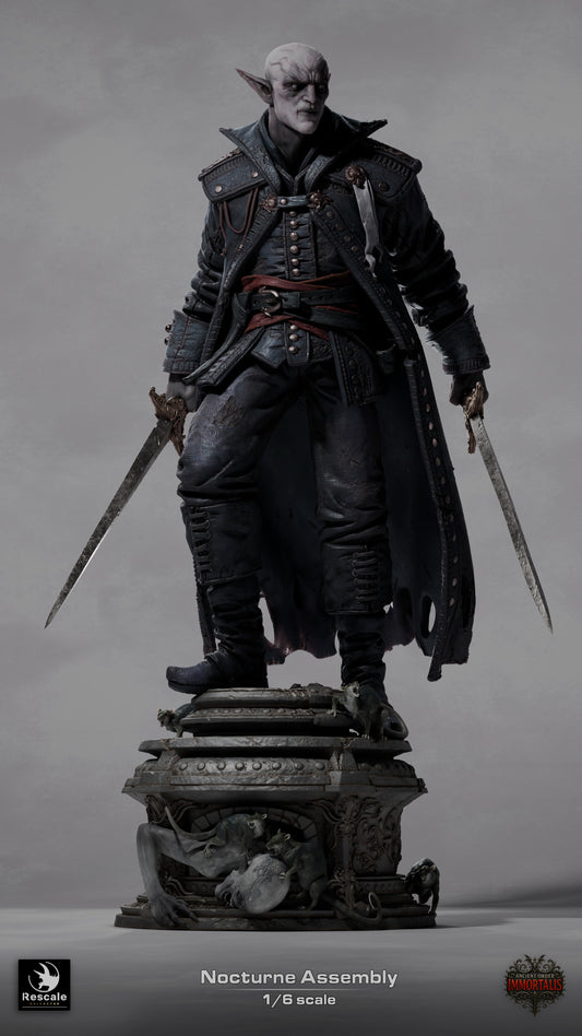 Nocturne Assembly 1:6 scale collector statue full-body view featuring a vampire assassin with dual blades, long coat, and ornate pedestal decorated with creature sculptures; designed for fantasy display and TTRPG-inspired themes.