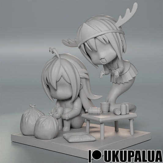 Front grayscale render of Nokotan ghost hovering playfully behind seated roommate, surrounded by trash bags and a low table