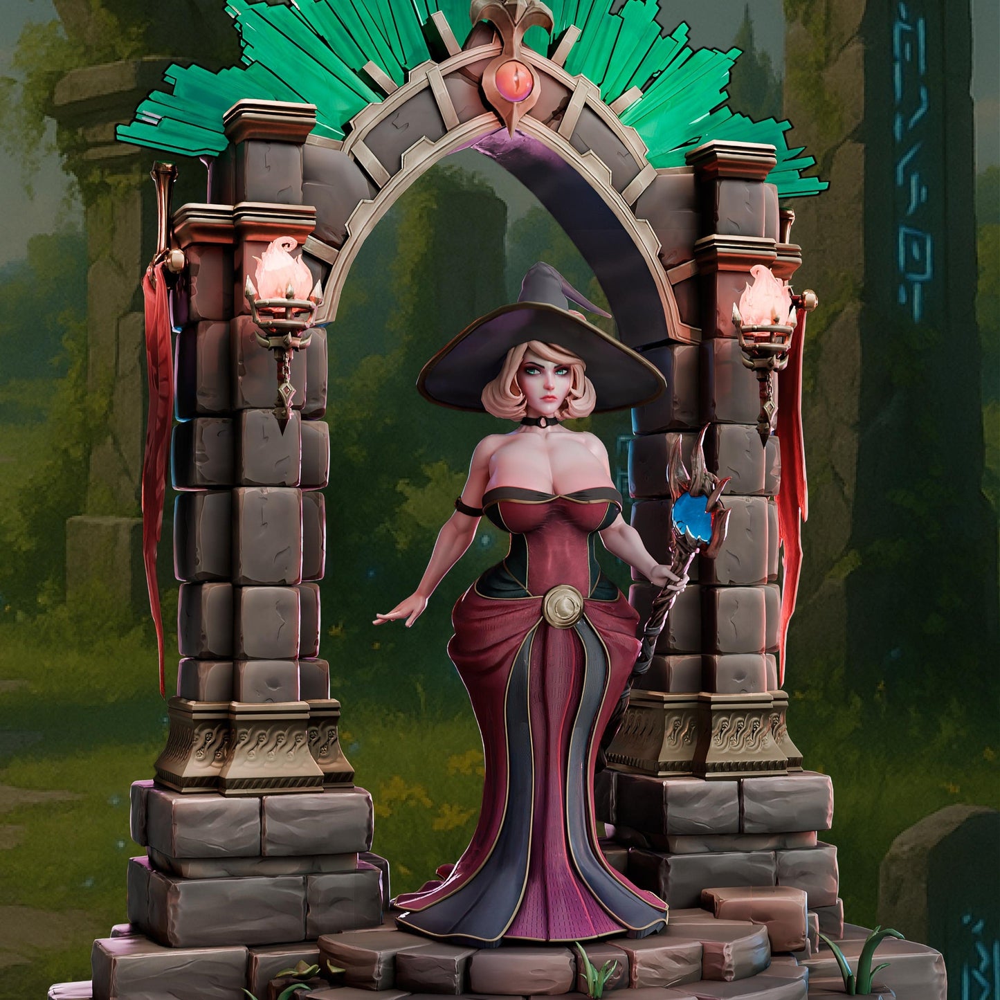 Wanda Moonfire witch miniature SFW version in full gown standing within a stone arch