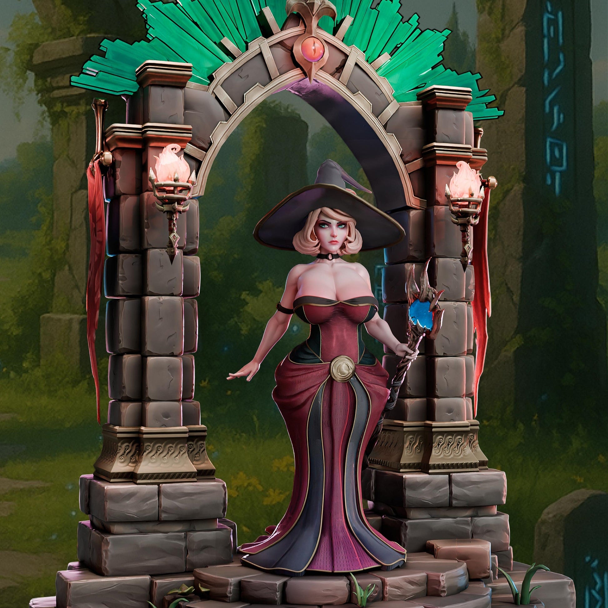 Wanda Moonfire witch miniature SFW version in full gown standing within a stone arch