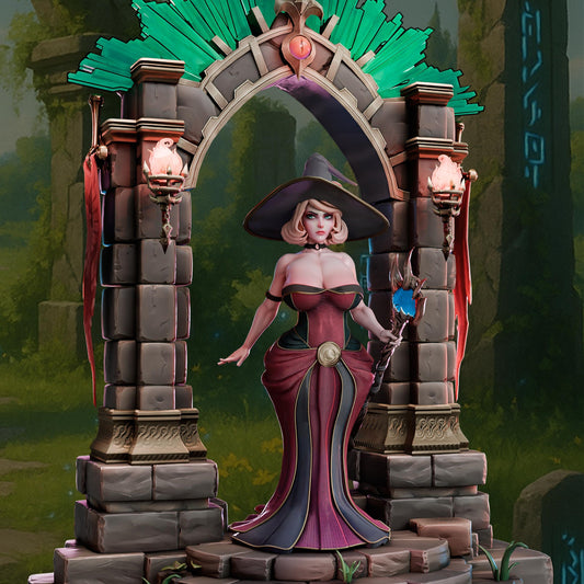 Wanda Moonfire witch miniature SFW version in full gown standing within a stone arch