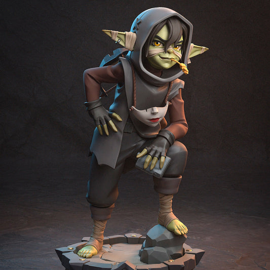 Revvetha Veth Brenatto goblin rogue reference art showing hooded pose, mask pouch, gloves, and sneaking posture for 1:8 scale figure