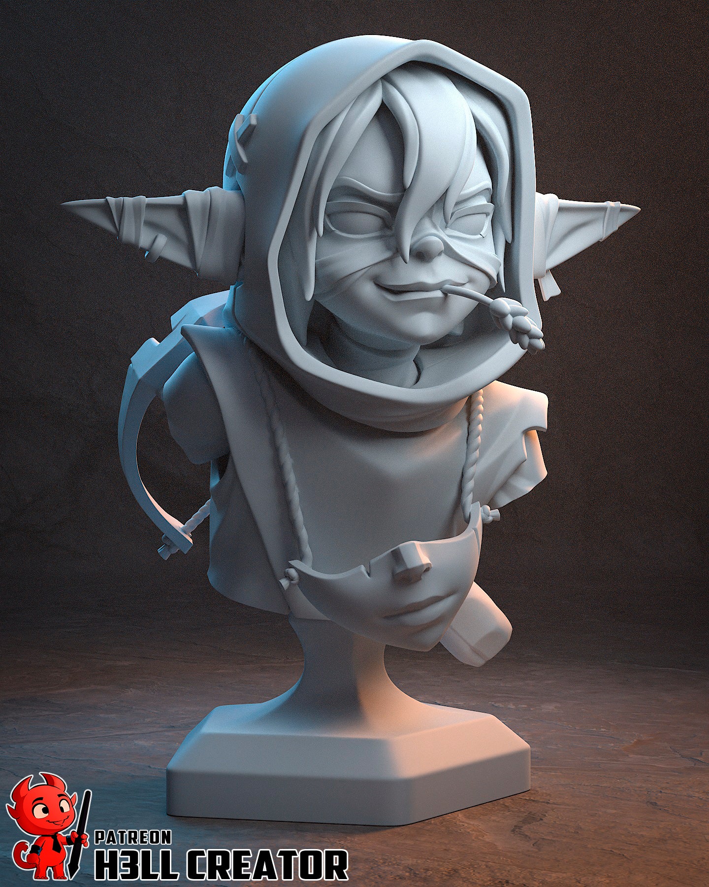 Revvetha Veth Brenatto goblin rogue bust with hood, braided mask pouch, smirking expression, and pointed ears, sculpted in 1:8 scale figure style