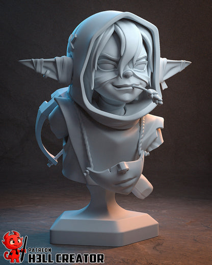 Revvetha Veth Brenatto goblin rogue bust with hood, braided mask pouch, smirking expression, and pointed ears, sculpted in 1:8 scale figure style