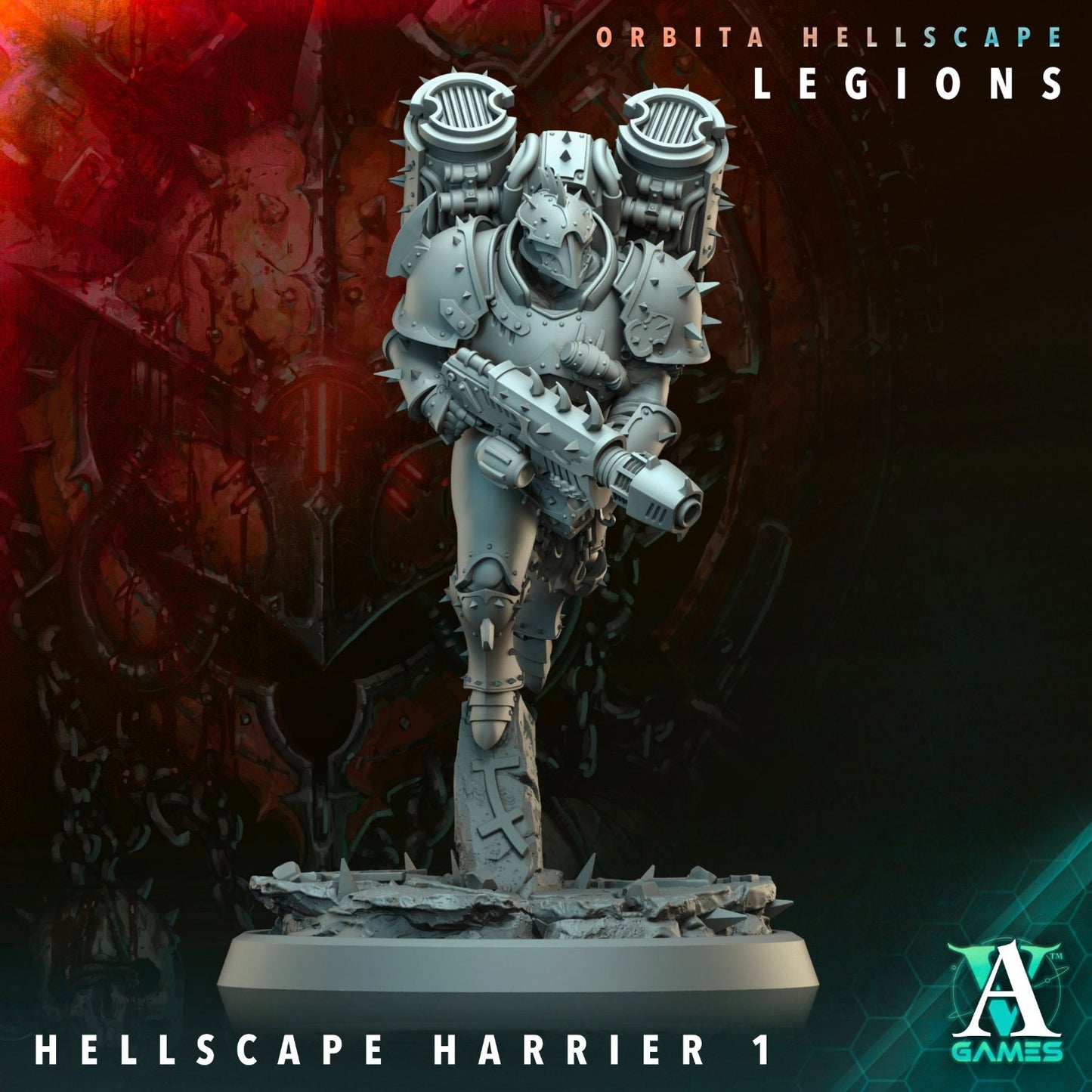 Hellscape Harrier figurine armed with a blaster, standing tall with a jetpack and heavily spiked armor.